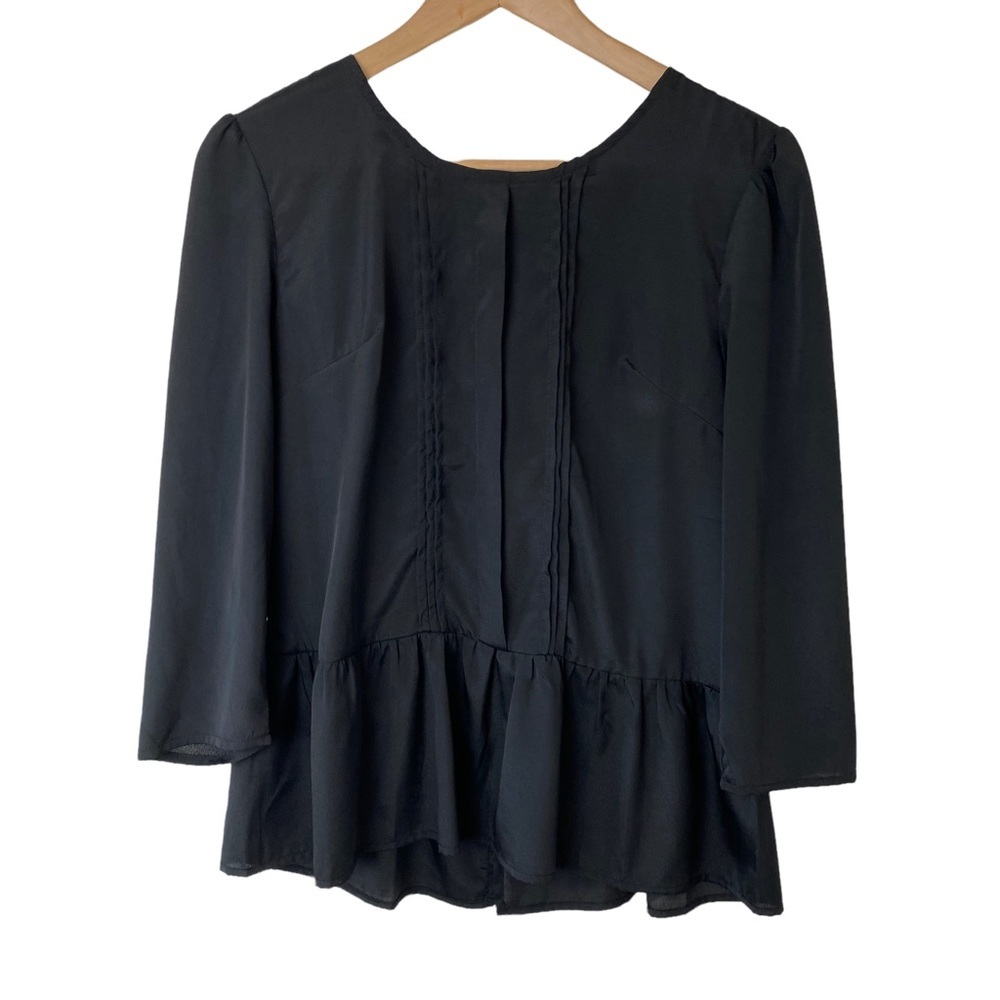 Kaylee Black Blouse Shirt Top Women's Size Large Zip Back Ruffles 3/4 Sleeve